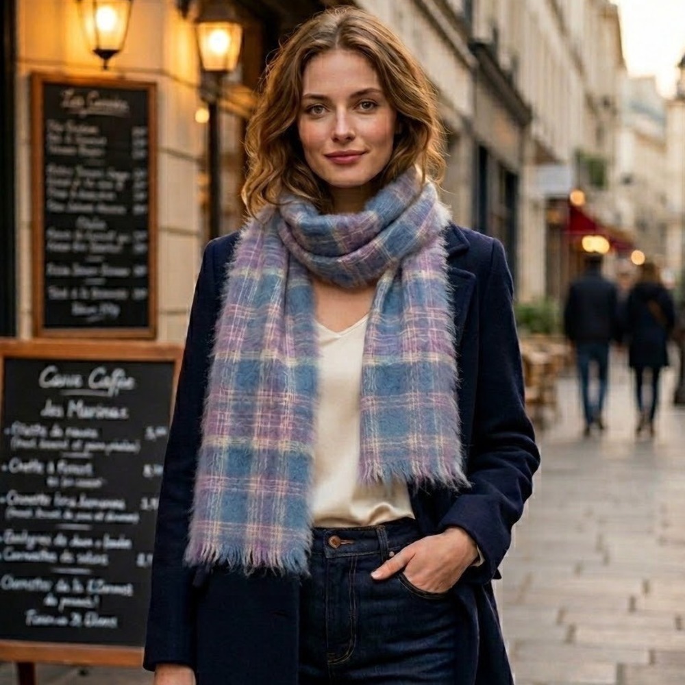 Donegal Design | Mohair‎ Wool Scarf Plaid Pastel Blue Purple Made in Ireland